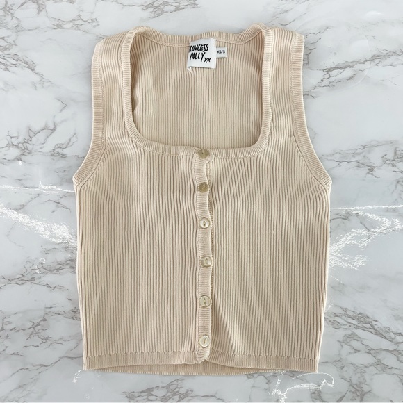 Princess Polly Tops - Princess Polly Beige Ribbed Knit Tank Top Cropped Button Up XS/S